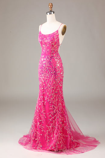 Hot Pink Sequins & Beaded Mermaid Prom Dress with Backless