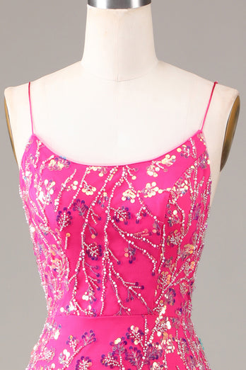 Hot Pink Sequins & Beaded Mermaid Prom Dress with Backless