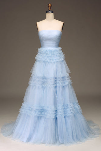 Tulle Light Blue Tiered Strapless Prom Dress with Slit