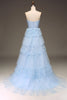 Load image into Gallery viewer, Tulle Light Blue Tiered Strapless Prom Dress with Slit