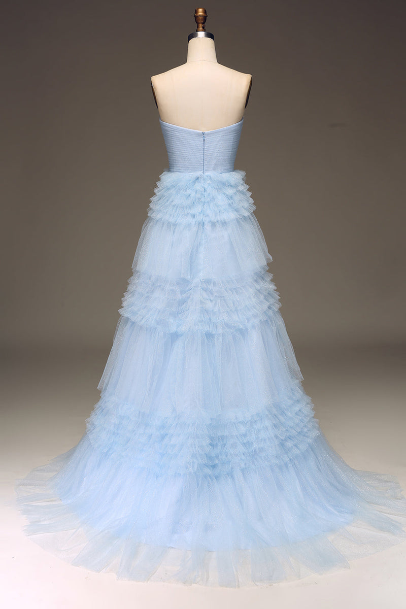 Load image into Gallery viewer, Tulle Light Blue Tiered Strapless Prom Dress with Slit