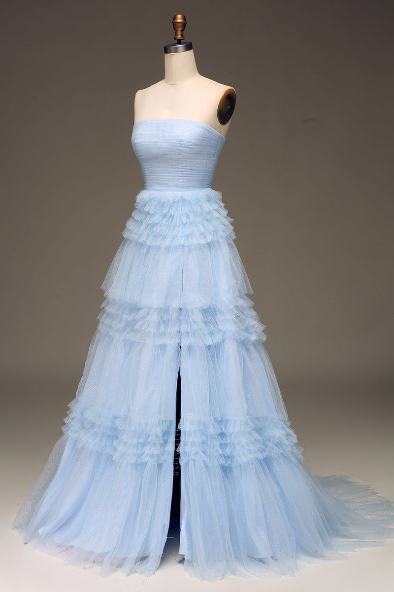 Load image into Gallery viewer, Tulle Light Blue Tiered Strapless Prom Dress with Slit