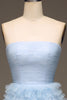 Load image into Gallery viewer, Tulle Light Blue Tiered Strapless Prom Dress with Slit