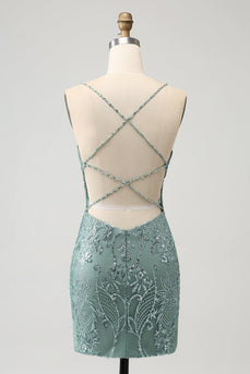 Green Bodycon Beaded Short Homecoming Dress with Criss Cross Back