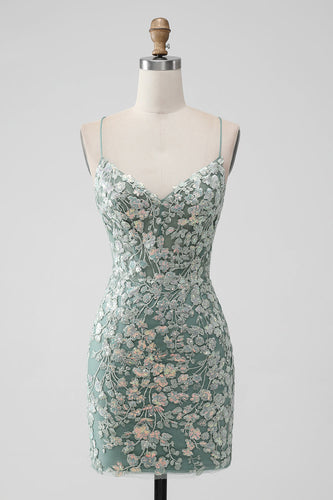 Grey Green Bodycon Lace-up Back Sequins Short Graduation Dress with Appliques