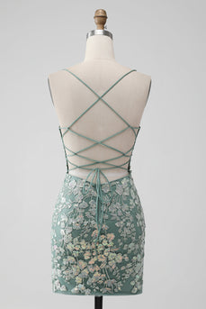 Grey Green Bodycon Lace-up Back Short Homecoming Dress with Sequin Appliqued