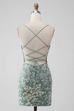 Grey Green Bodycon Lace-up Back Sequins Short Graduation Dress with Appliques