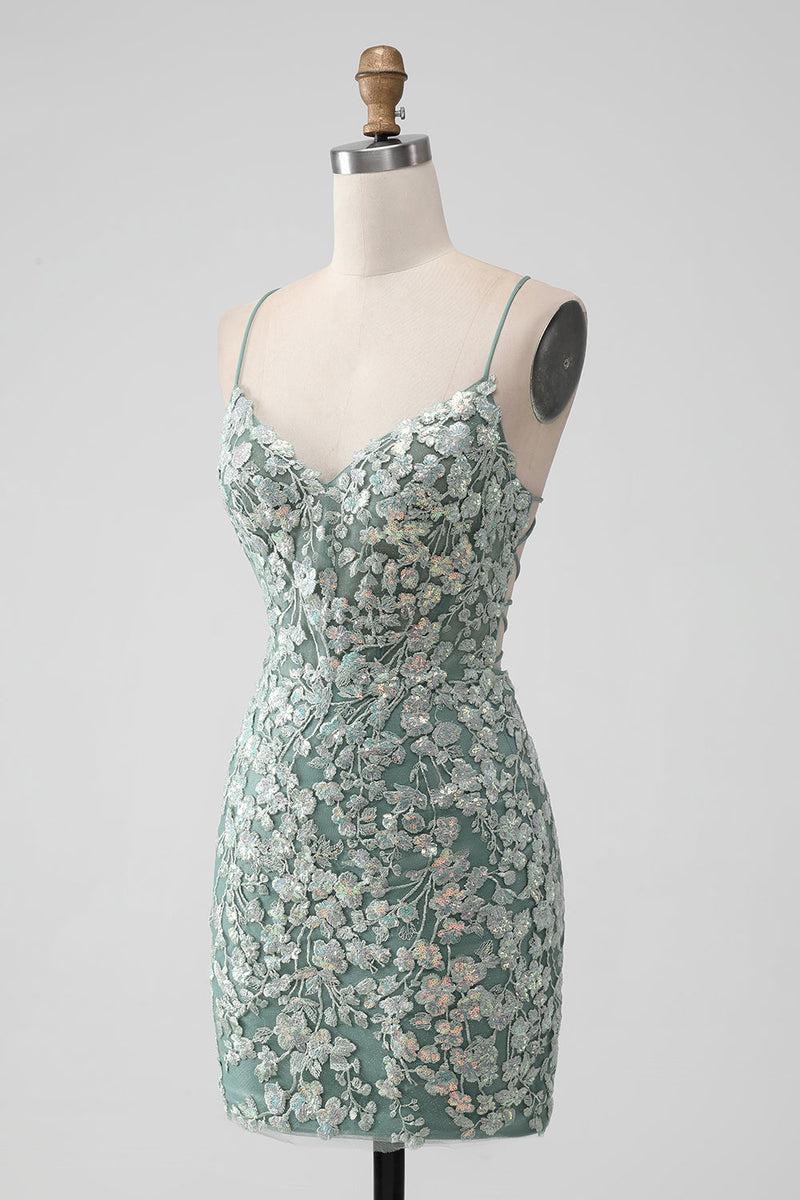 Load image into Gallery viewer, Grey Green Bodycon Lace-up Back Sequins Short Graduation Dress with Appliques