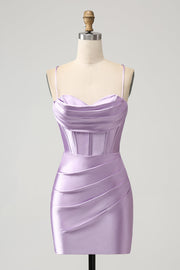 Lilac Bodycon Spaghetti Straps Corset Satin Short Graduation Dress