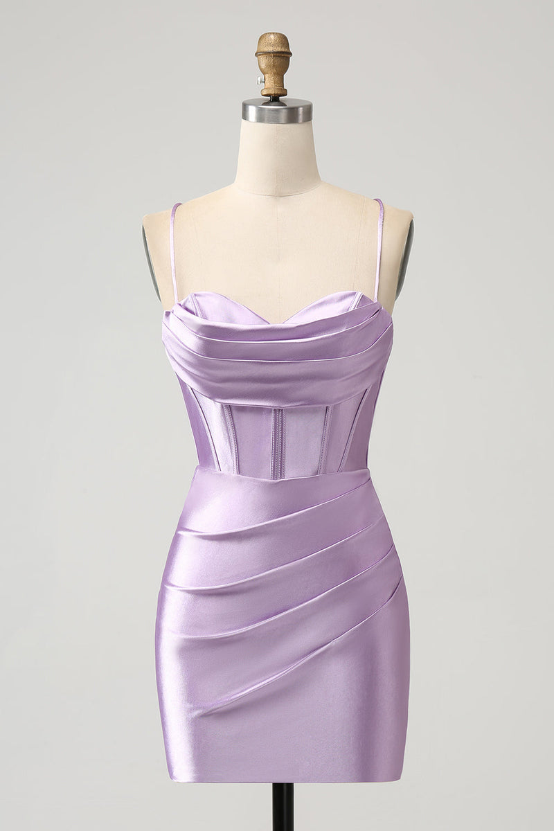 Load image into Gallery viewer, Bodycon Spaghetti Straps Lilac Corset Satin Short Graduation Dress