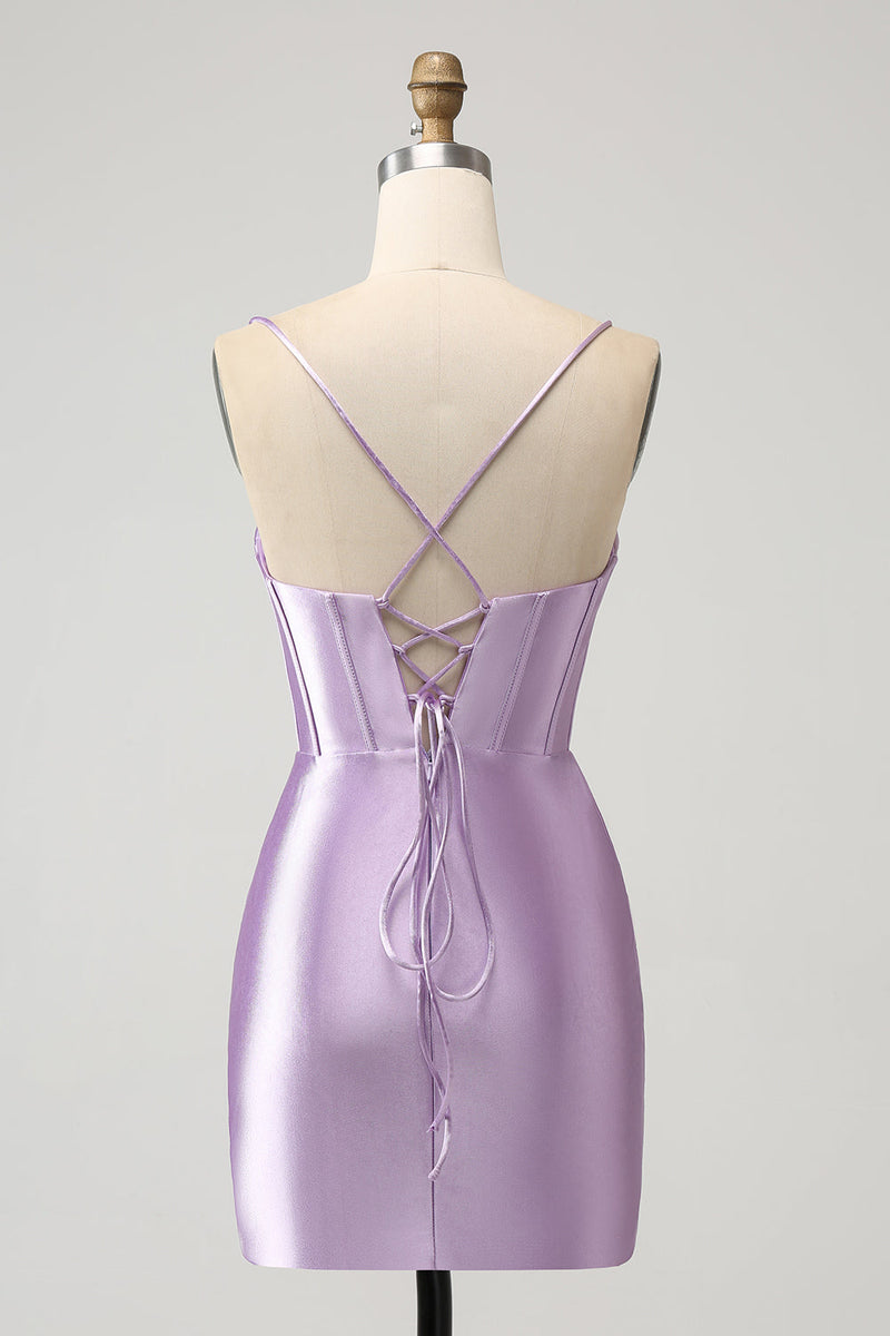 Load image into Gallery viewer, Bodycon Spaghetti Straps Lilac Corset Satin Short Graduation Dress
