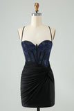 Glitter Black Bodycon Spaghetti Straps Corset Graduation Dress with Beading