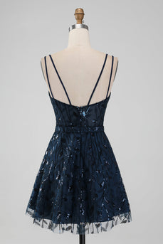 Navy A Line Spaghetti Straps Sparkly Sequins Short Homecoming Dress