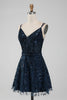 Load image into Gallery viewer, Navy A Line Spaghetti Straps Sparkly Sequins Short Graduation Dress