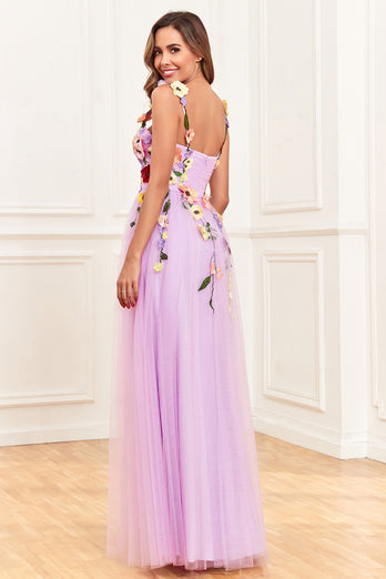 Lavender Spaghetti Straps Prom Dress With 3D Flowers