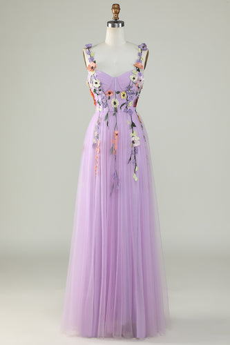 Lavender Spaghetti Straps Prom Dress With 3D Flowers