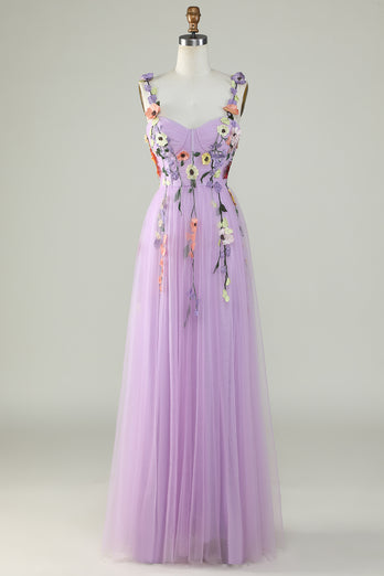 A Line Purple Spaghetti Straps Prom Dress With 3D Flowers