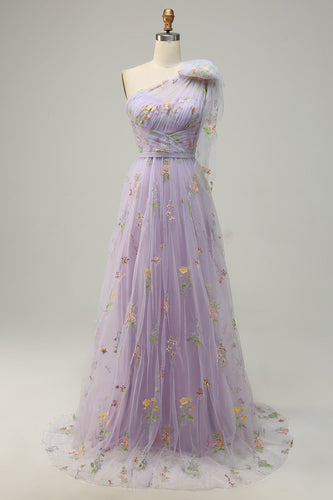 A-Line One Shoulder Purple Prom Dress With Embroidery