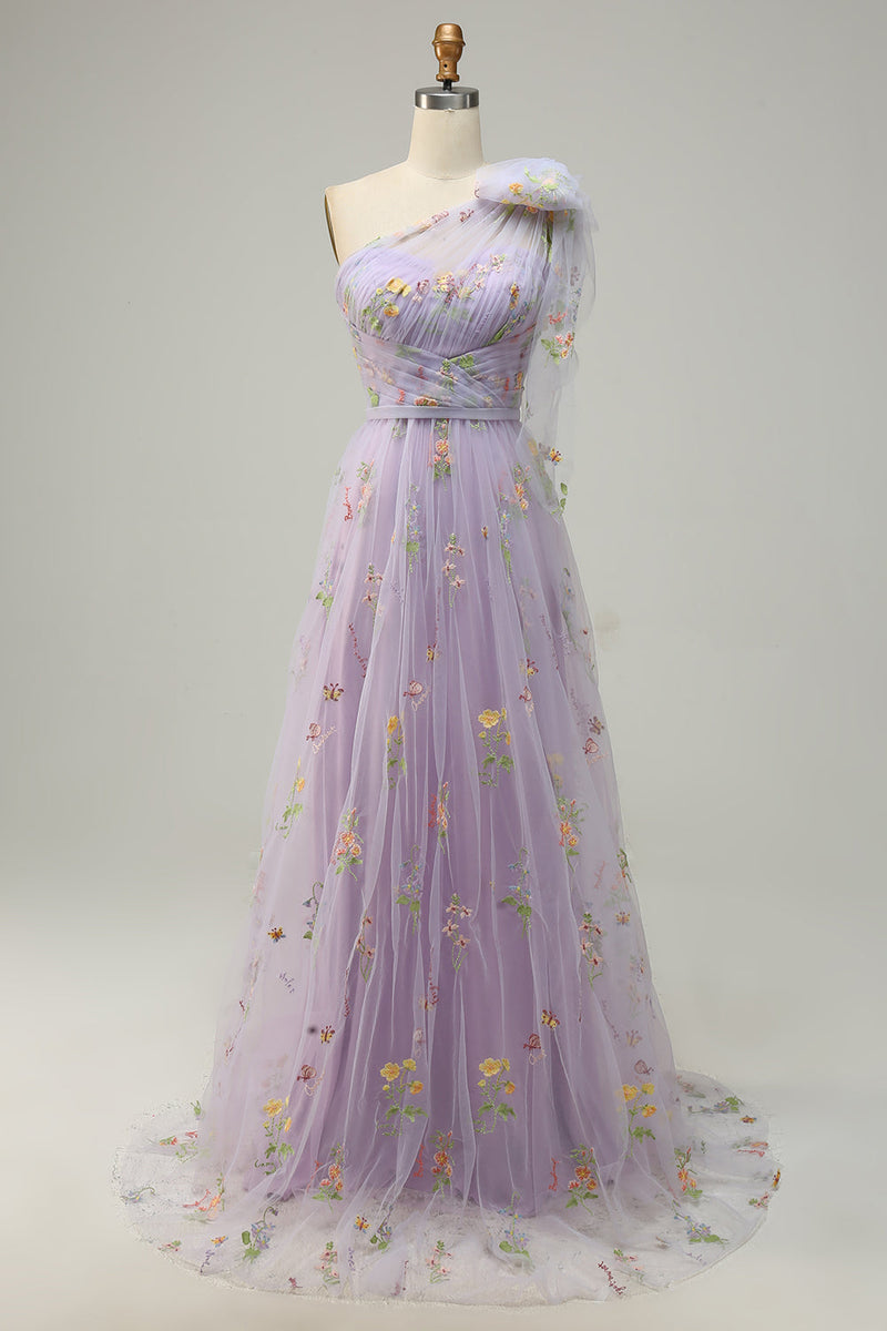 Load image into Gallery viewer, A-Line One Shoulder Purple Prom Dress With Embroidery