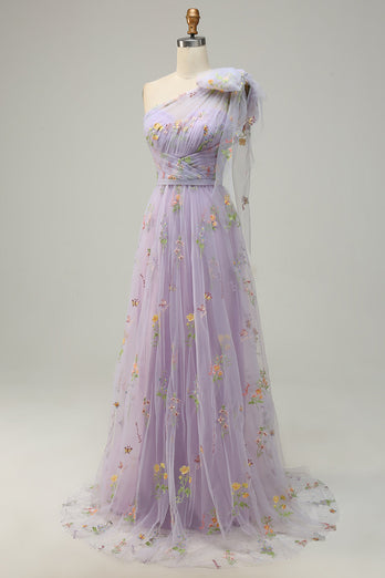 A-Line One Shoulder Purple Prom Dress With Embroidery