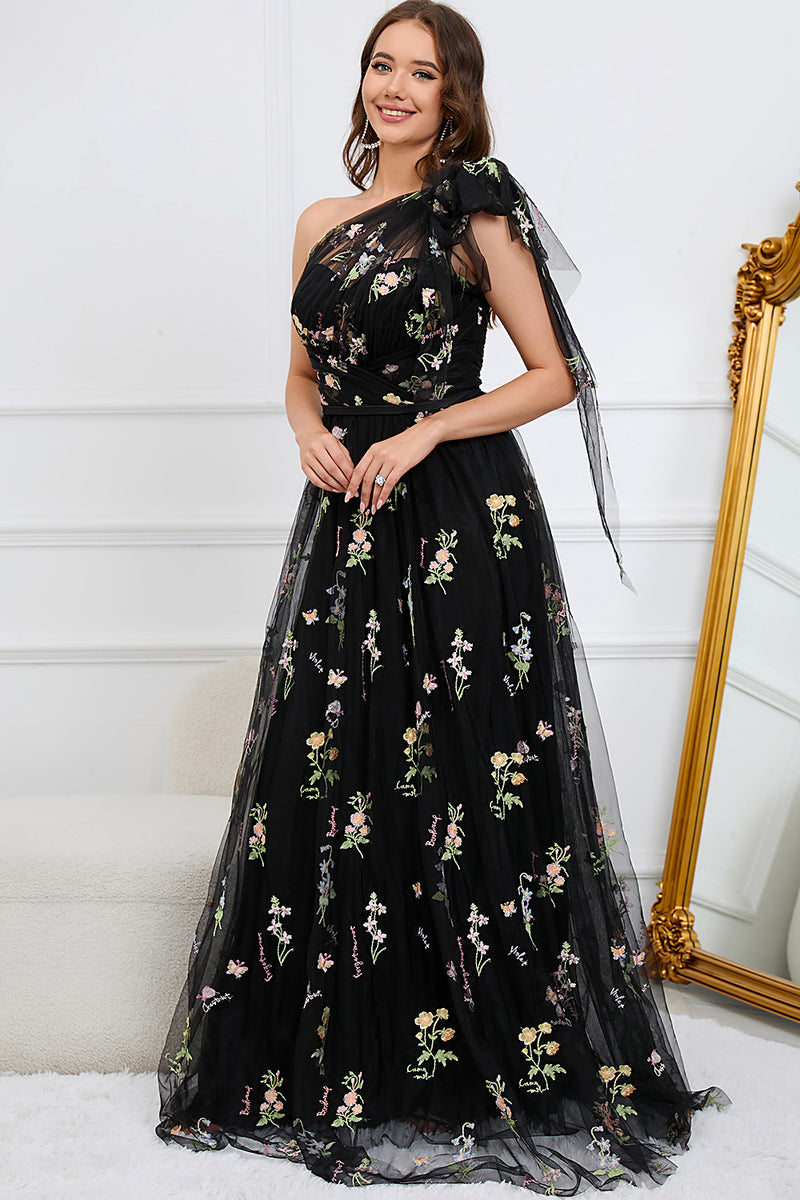 Load image into Gallery viewer, A-Line One Shoulder Black Long Prom Dress With Embroidery