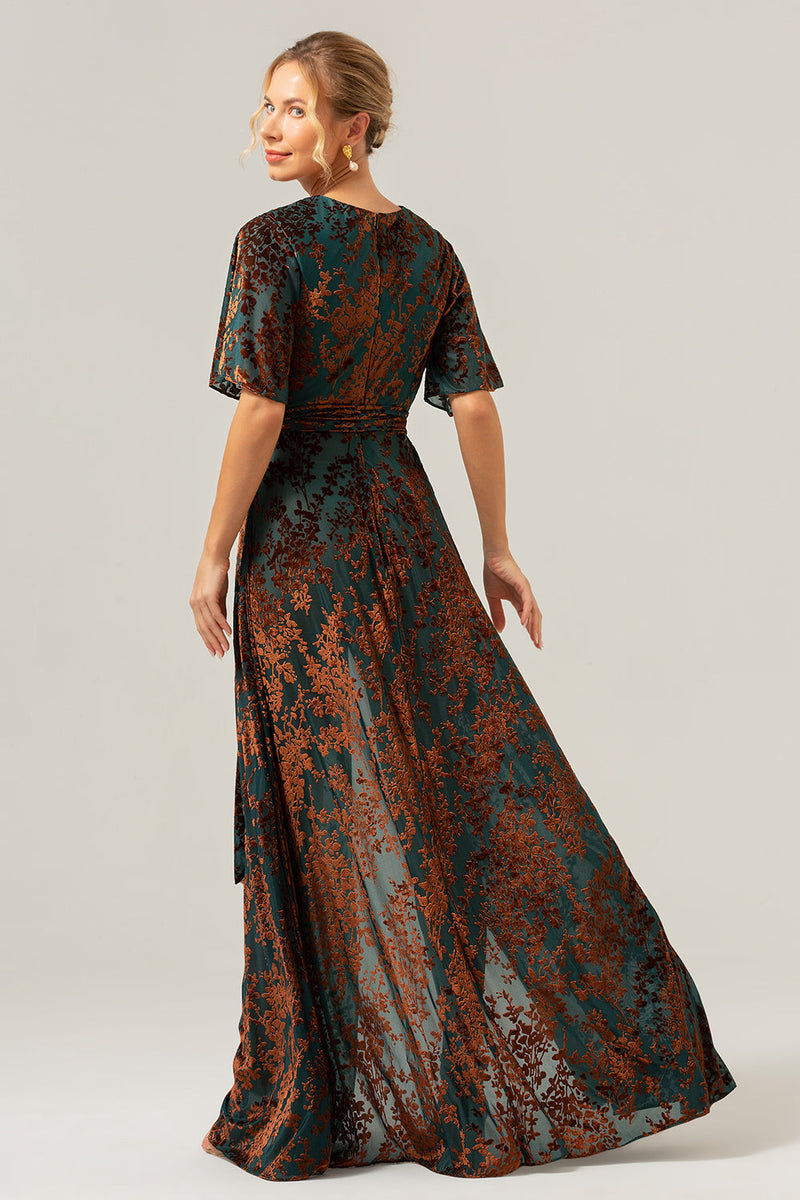 Load image into Gallery viewer, Dark Green A Line Burnout Velvet Long Prom Dress with Short Sleeves