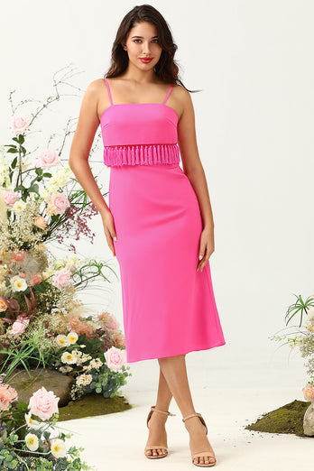 Spaghetti Straps Hot Pink Bridesmaid Dress with Fringes