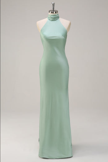 Halter Open Back Lemon Green Long Bridesmaid Dress