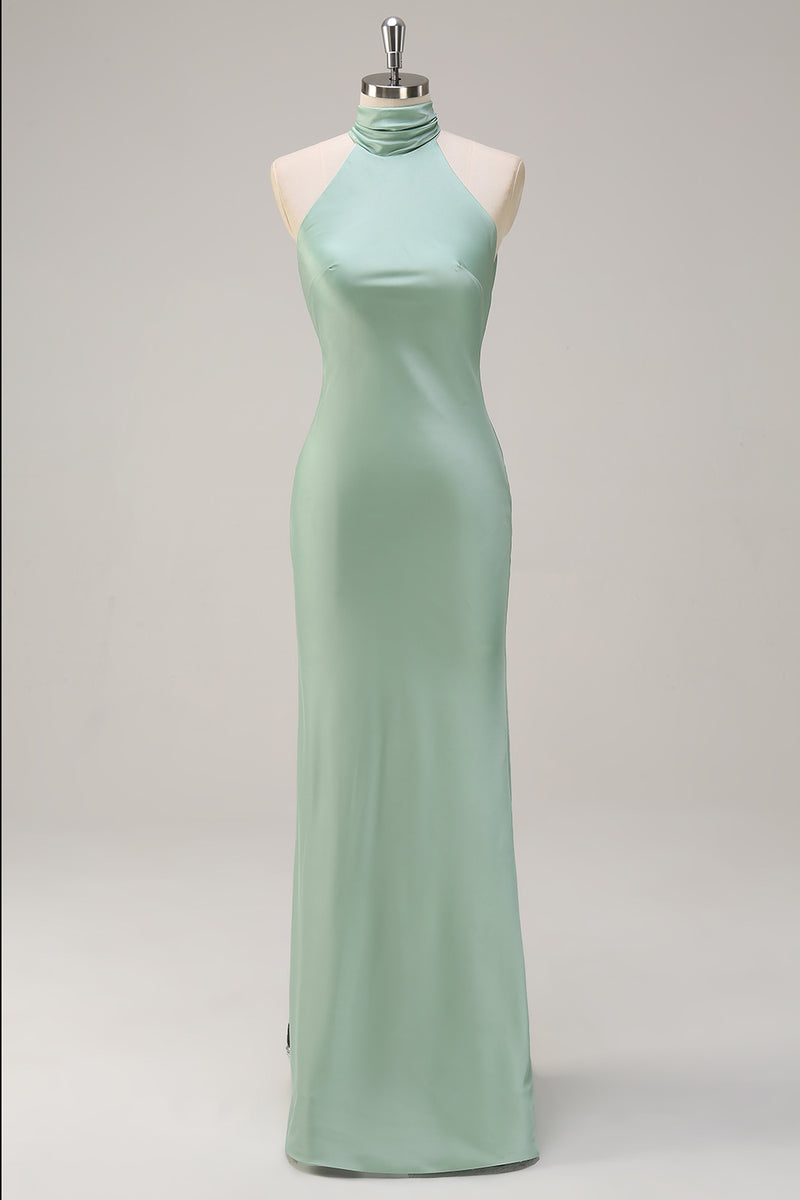 Load image into Gallery viewer, Halter Open Back Lemon Green Long Bridesmaid Dress