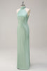 Load image into Gallery viewer, Halter Open Back Lemon Green Long Bridesmaid Dress