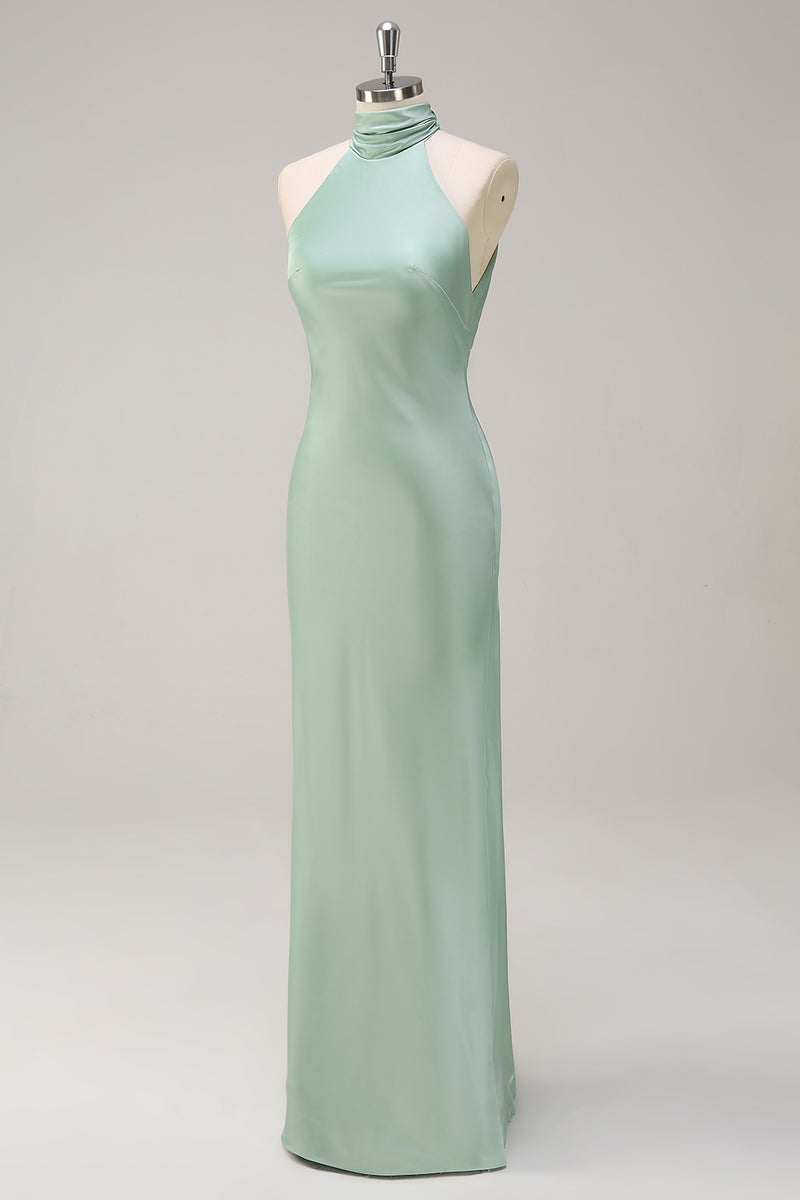 Load image into Gallery viewer, Halter Open Back Lemon Green Long Bridesmaid Dress