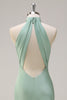 Load image into Gallery viewer, Halter Open Back Lemon Green Long Bridesmaid Dress