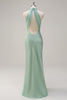 Load image into Gallery viewer, Halter Open Back Lemon Green Long Bridesmaid Dress