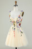 Load image into Gallery viewer, A Line Spaghetti Straps Champagne Short Prom Dress with Appliques