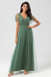 Green Beaded A-Line Tulle V-Neck Long Choir Dress