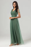 Green Beaded A-Line Tulle V-Neck Long Choir Dress