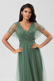 Green Beaded A-Line Tulle V-Neck Long Choir Dress