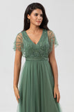 Green Beaded A-Line Tulle V-Neck Long Choir Dress
