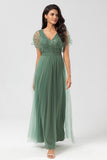 Green Beaded A-Line Tulle V-Neck Long Choir Dress