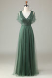 Green Beaded A-Line Tulle V-Neck Long Choir Dress