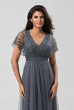 Green Beaded A-Line Tulle V-Neck Long Choir Dress
