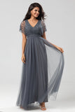 Green Beaded A-Line Tulle V-Neck Long Choir Dress