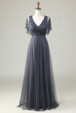 Green Beaded A-Line Tulle V-Neck Long Choir Dress