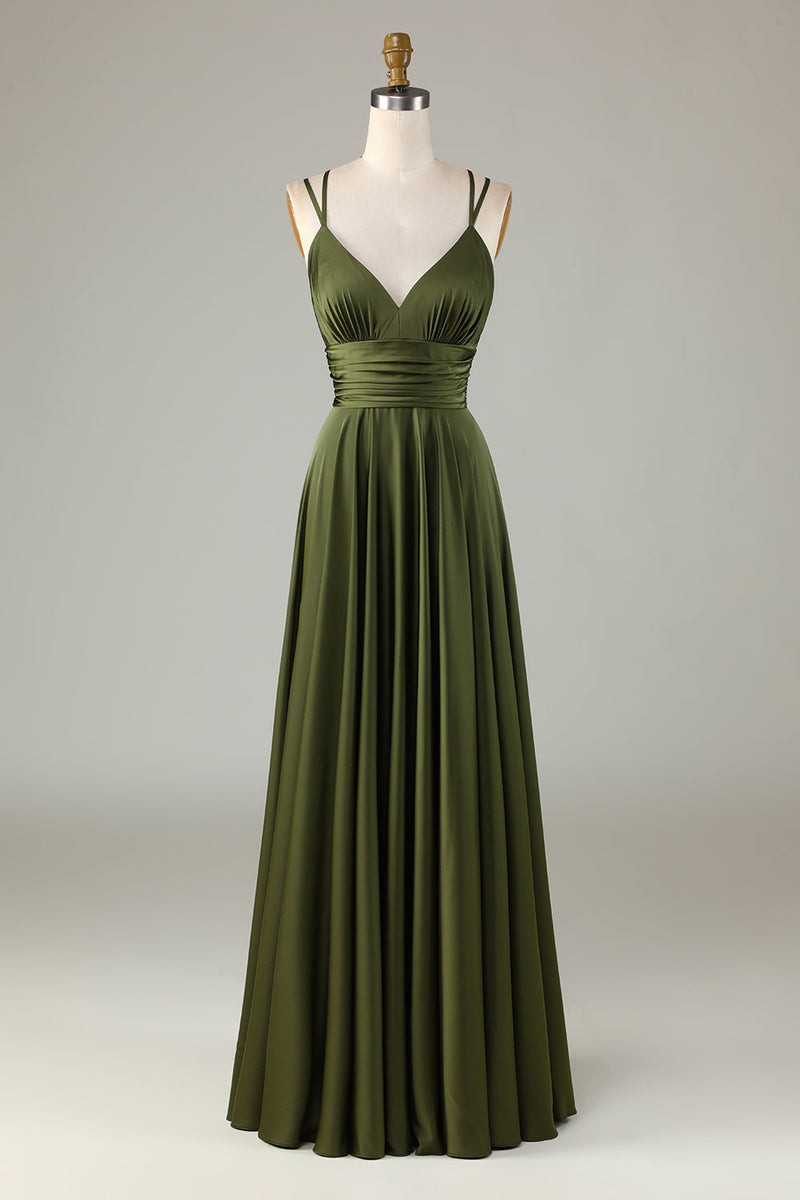 Load image into Gallery viewer, Dark Green A-Line Sleeveless Long Satin Prom Dress