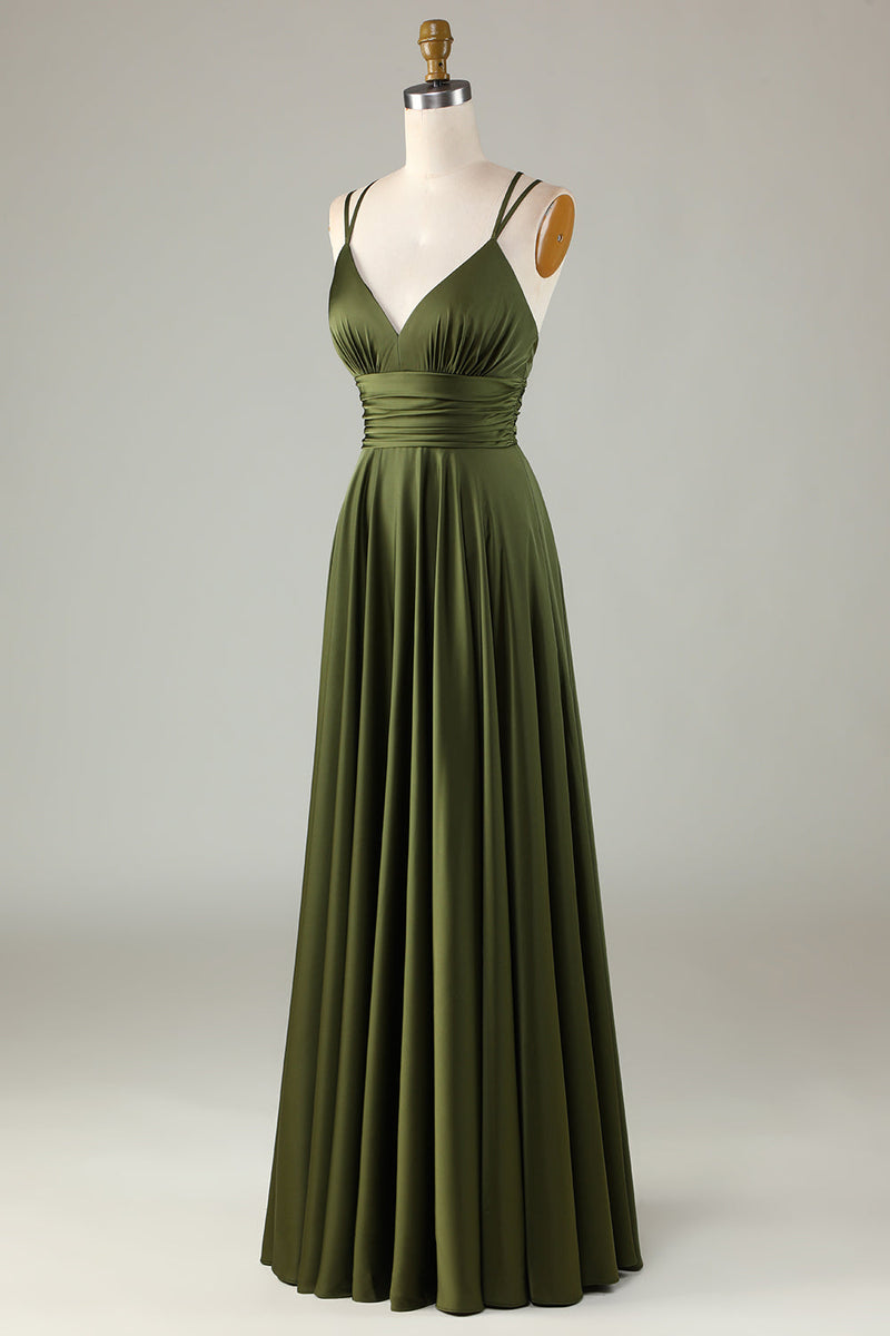Load image into Gallery viewer, Dark Green A-Line Sleeveless Long Satin Prom Dress