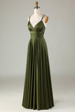 Dark Green A-Line Sleeveless Long Satin Prom Dress