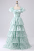 Load image into Gallery viewer, Green A Line Square Neck Tiered Prom Dress with Ruffles