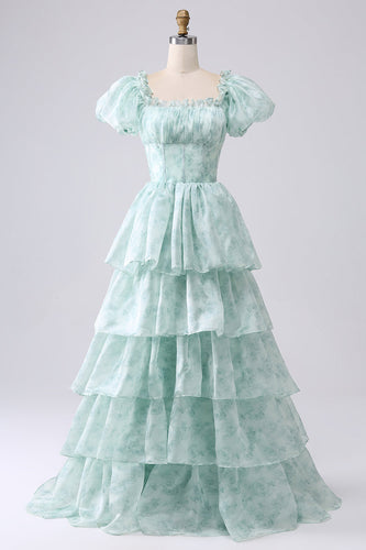 Green A Line Square Neck Tiered Prom Dress with Ruffles