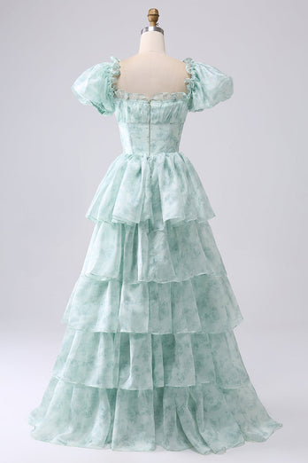 Green A Line Square Neck Tiered Prom Dress with Ruffles