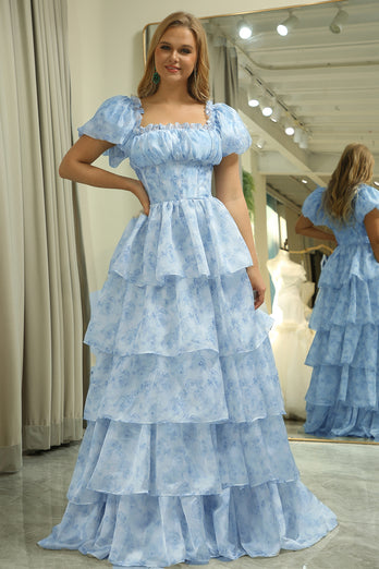 Organza Light Blue Corset Tiered Prom Dress